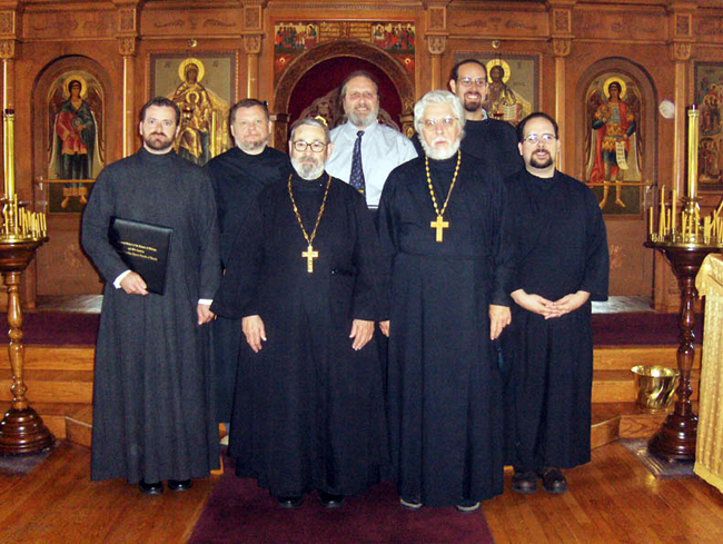Graduating Class '2007 - Matthew Harrington, Mrs. Ruth Hrebinka, Rdr. Philosophos Uhlman, Priest Michael van Opstall (Rdr. Samouil Vichnevskii from Victoria, Australia - absent) at the Cathedral of the Protection of the Mother of God in Des Plaines, Illinois